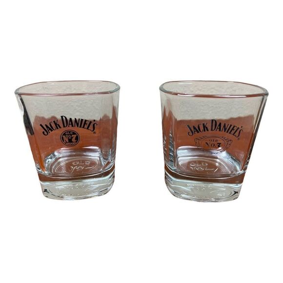 JACK DANIELS Whiskey SQUARE ROCKS Lowball Glasses Old No. 7 logo Set Of 2 - Picture 1 of 7
